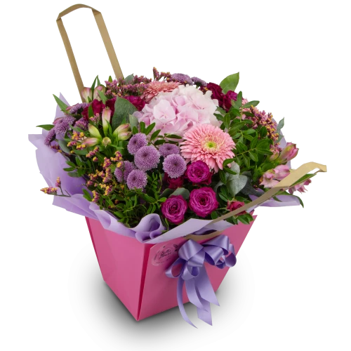 Bouquet of hydrangeas and germini in water packaging